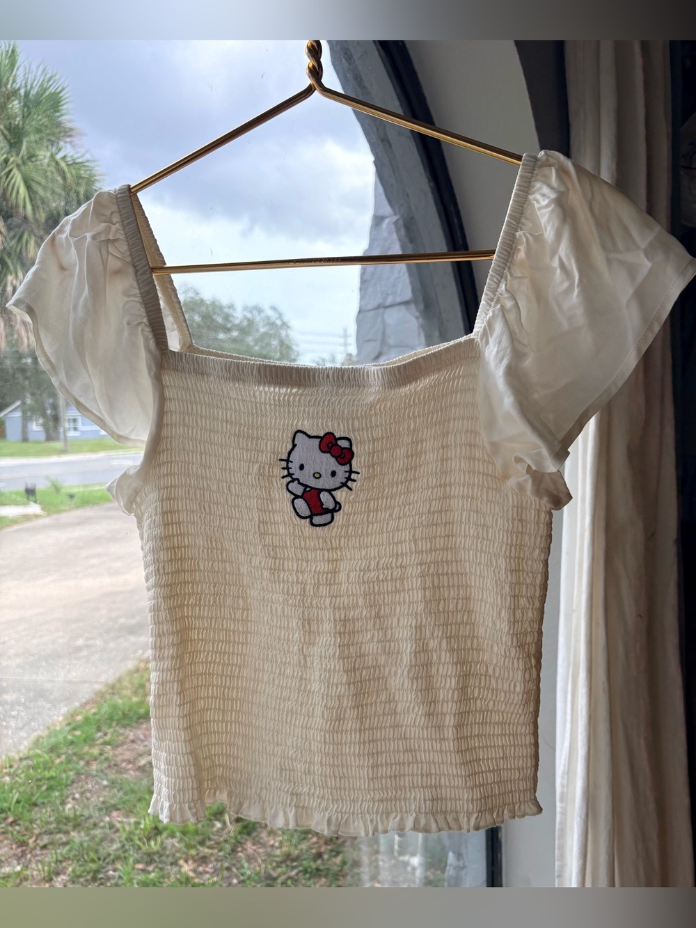 Sanrio Cream Puffy Sleeve Smocked Crop Top with Hello Kitty Embroidered Size M